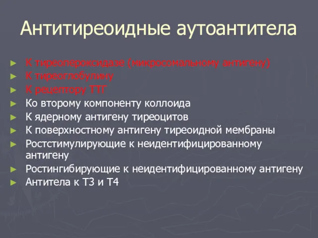 Антитиреоидные аутоантитела К тиреопероксидазе (микросомальному антигену) К тиреоглобулину К рецептору