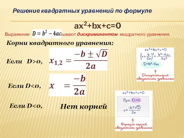 Корни квадратного уравнения: ax2+bx+c=0 Если D>0, Если D Если D