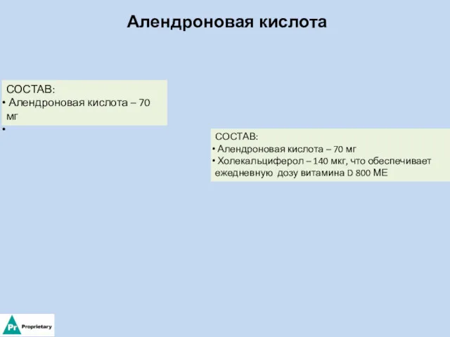 Алендроновая кислота СОСТАВ: Алендроновая кислота – 70 мг Холекальциферол –