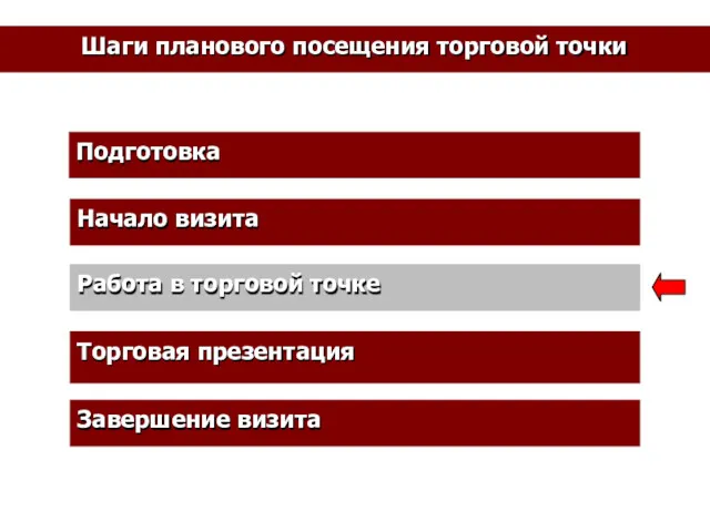 Подготовка Начало визита Работа в торговой точке Торговая презентация Завершение визита Шаги планового посещения торговой точки