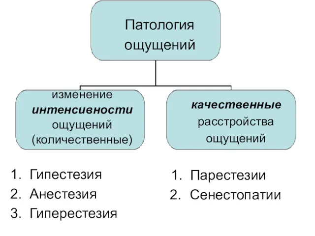 Патология ощущений изменение интенсивности ощущений (количественные) Гипестезия Анестезия Гиперестезия качественные расстройства ощущений Парестезии Сенестопатии