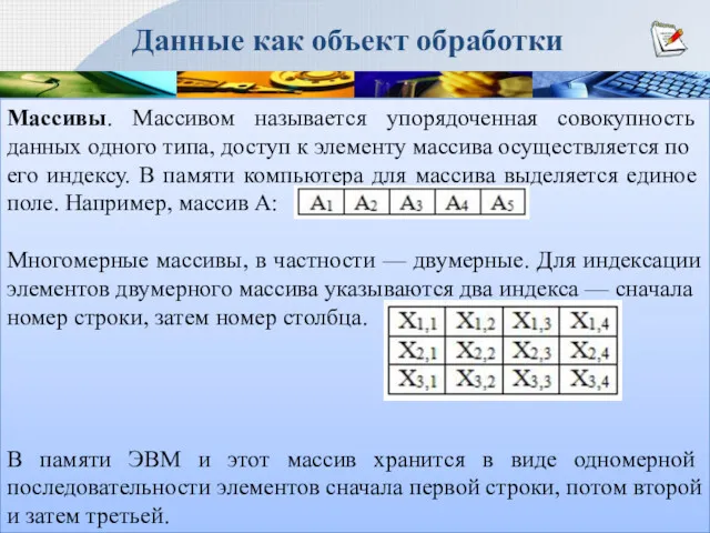 Массивы. Массивом называется упорядоченная совокупность данных одного ти­па, доступ к