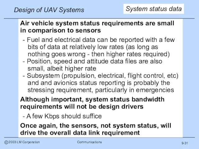 9-31 System status data Air vehicle system status requirements are