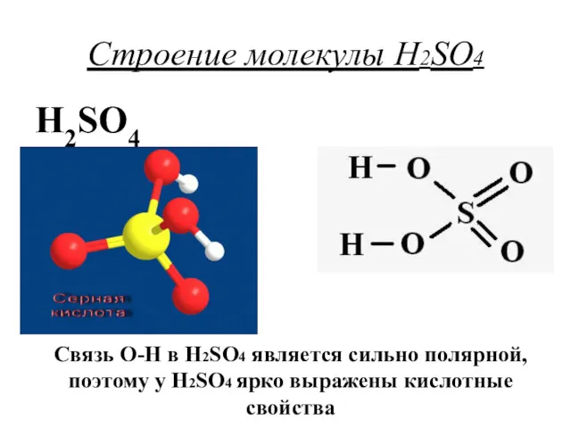 Строение молекулы H2SO4 H2SO4 Связь О-Н в H2SO4 является сильно