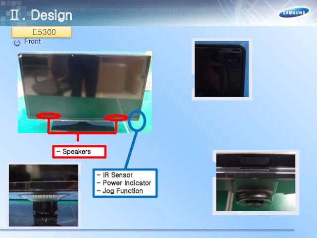 Front - IR Sensor - Power Indicator - Jog Function - Speakers E5300 Ⅱ. Design