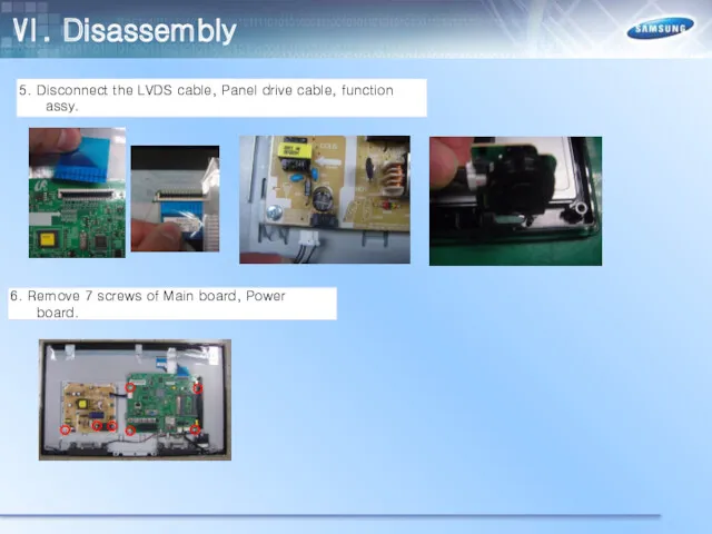 5. Disconnect the LVDS cable, Panel drive cable, function assy.