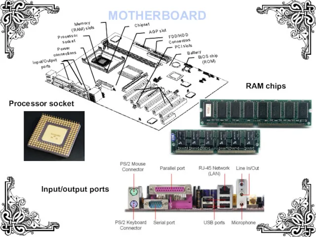 MOTHERBOARD Processor socket RAM chips Input/output ports