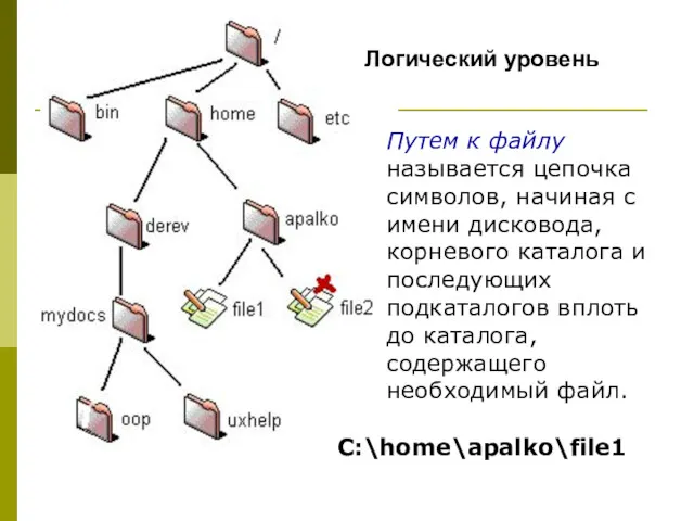 C:\home\apalko\file1 Путем к файлу называется цепочка символов, начиная с имени