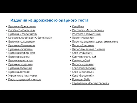 Изделия из дрожжевого опарного теста Булочка «Домашняя» Сдоба «Выборгская» Булочка