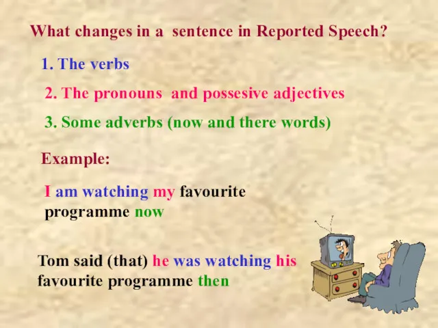 What changes in a sentence in Reported Speech? 1. The