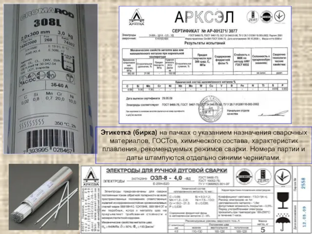 Этикетка (бирка) на пачках с указанием назначения сварочных материалов, ГОСТов,