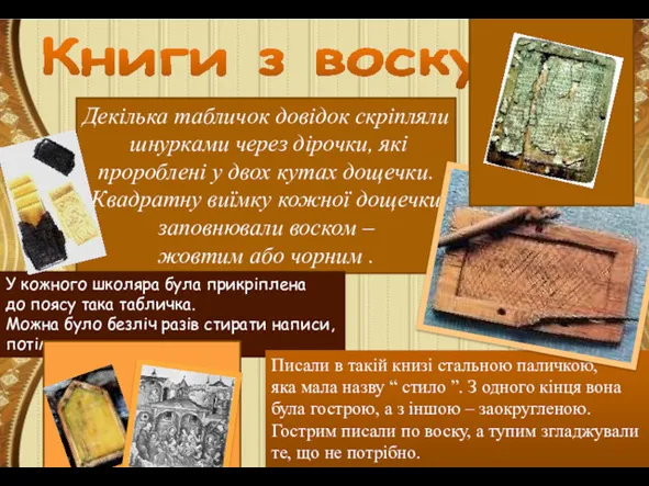 Книги з воску Декілька табличок довідок скріпляли шнурками через дірочки,