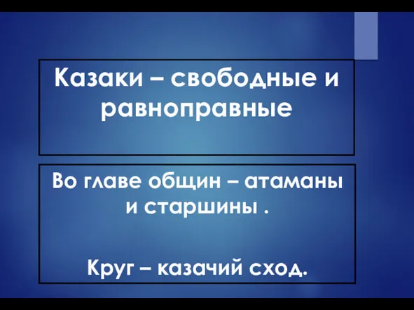 Казаки – свободные и равноправные Во главе общин – атаманы