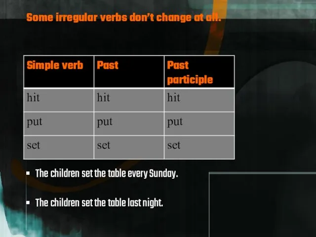 Some irregular verbs don’t change at all. The children set