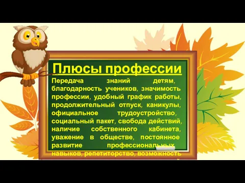 Плюсы профессии Передача знаний детям, благодарность учеников, значимость профессии, удобный