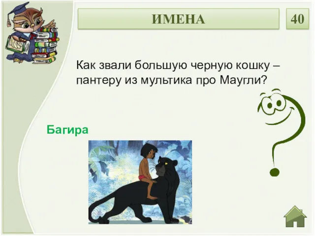Багира Как звали большую черную кошку – пантеру из мультика про Маугли? ИМЕНА 40