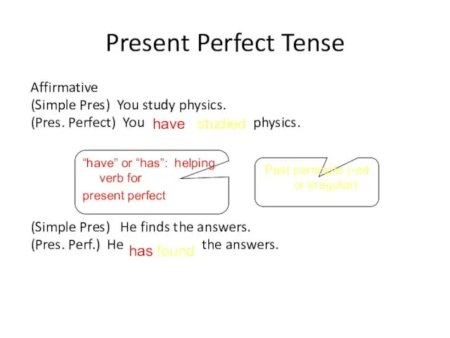 Present Perfect Tense Affirmative (Simple Pres) You study physics. (Pres.