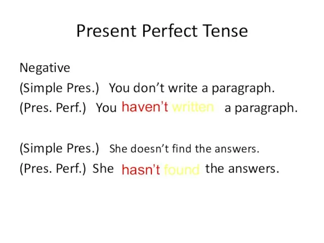 Present Perfect Tense Negative (Simple Pres.) You don’t write a