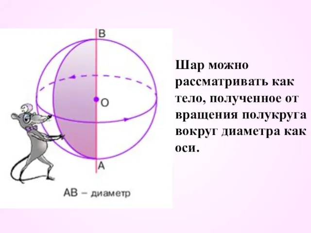 Шар можно рассматривать как тело, полученное от вращения полукруга вокруг диаметра как оси.