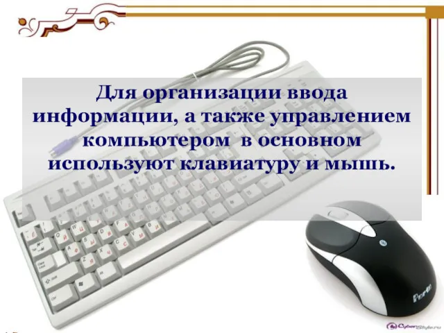 Для организации ввода информации, а также управлением компьютером в основном используют клавиатуру и мышь.