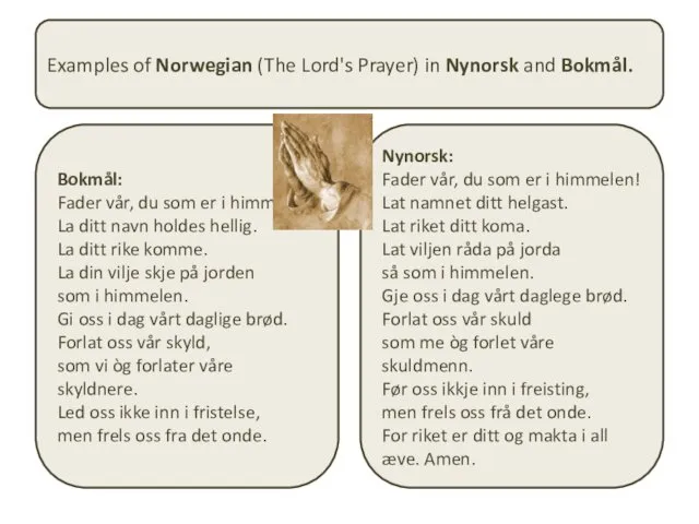 Examples of Norwegian (The Lord's Prayer) in Nynorsk and Bokmål.