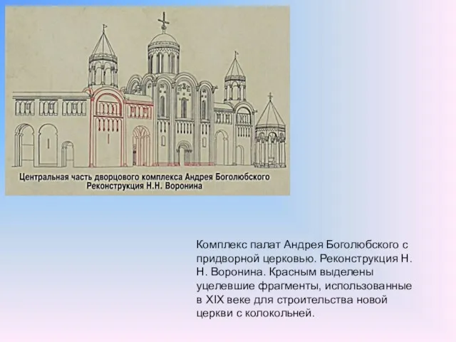 Комплекс палат Андрея Боголюбского с придворной церковью. Реконструкция Н.Н. Воронина.