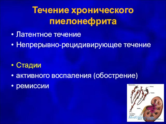 Течение хронического пиелонефрита Латентное течение Непрерывно-рецидивирующее течение Стадии активного воспаления (обострение) ремиссии