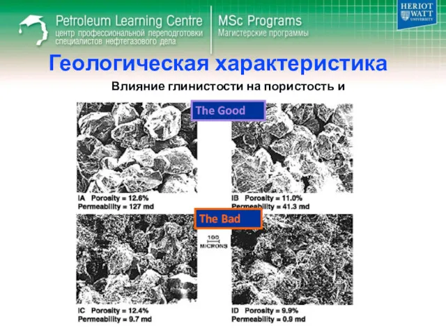 Геологическая характеристика Влияние глинистости на пористость и проницаемость The Good The Bad