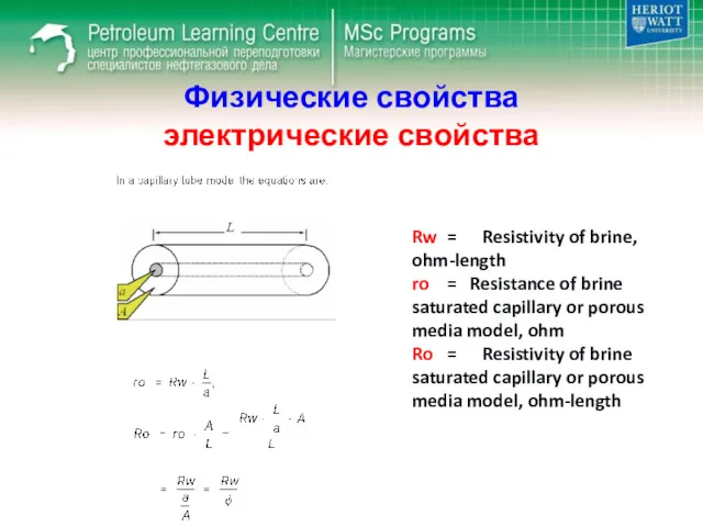 Физические свойства электрические свойства Rw = Resistivity of brine, ohm-length