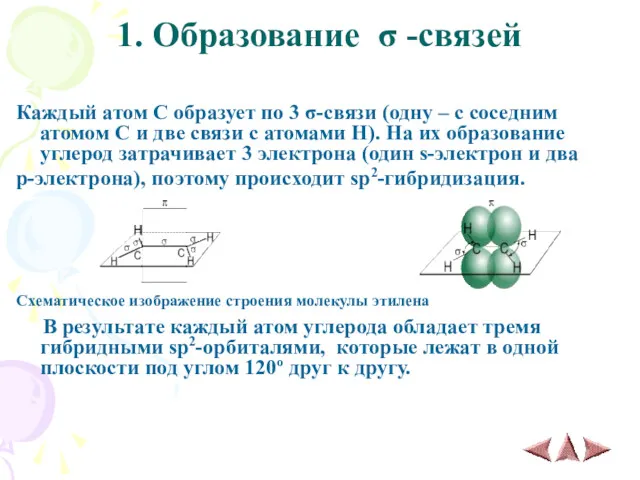 1. Образование σ -связей Каждый атом С образует по 3 σ-связи (одну –