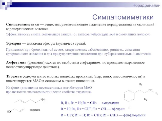 Симпатомиметики Норадреналин Эфедрин — алкалоид эфедры (кузмичева трава). Применяют при