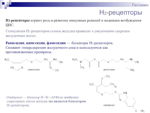 Н2-рецепторы Гистамин Н2-рецепторы играют роль в развитии иммунных реакций и