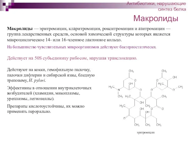 Макролиды Макролиды — эритромицин, кларитромицин, рокситромицин и азитромицин — группа