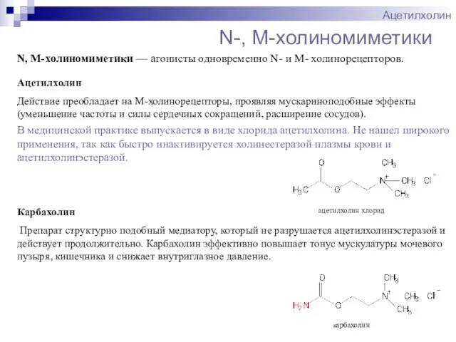 N-, M-холиномиметики Ацетилхолин N, M-холиномиметики — агонисты одновременно N- и