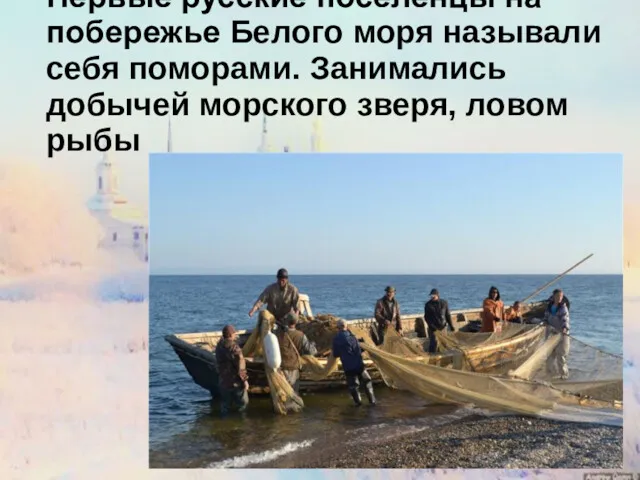 Первые русские поселенцы на побережье Белого моря называли себя поморами. Занимались добычей морского зверя, ловом рыбы