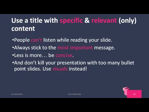 Use a title with specific & relevant (only) content People can’t listen while