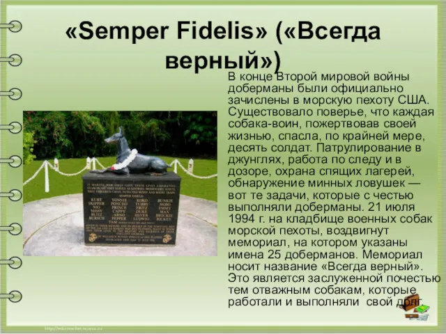 «Semper Fidelis» («Всегда верный») В конце Второй мировой войны доберманы были официально зачислены