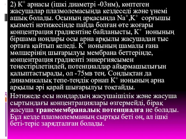 2) К+ арнасы (ішкі диаметрі -03нм), көптеген жасушалар плазмолемасында кездеседі