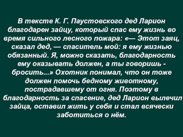 В тексте К. Г. Паустовского дед Ларион благодарен зайцу, который