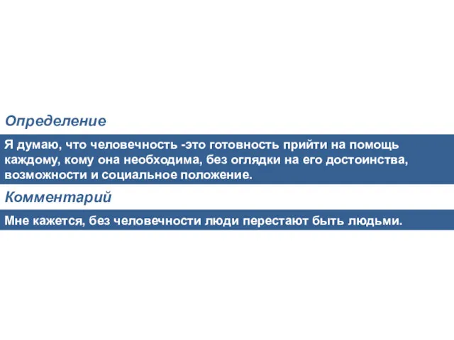 Я думаю, что человечность -это готовность прийти на помощь каждому,