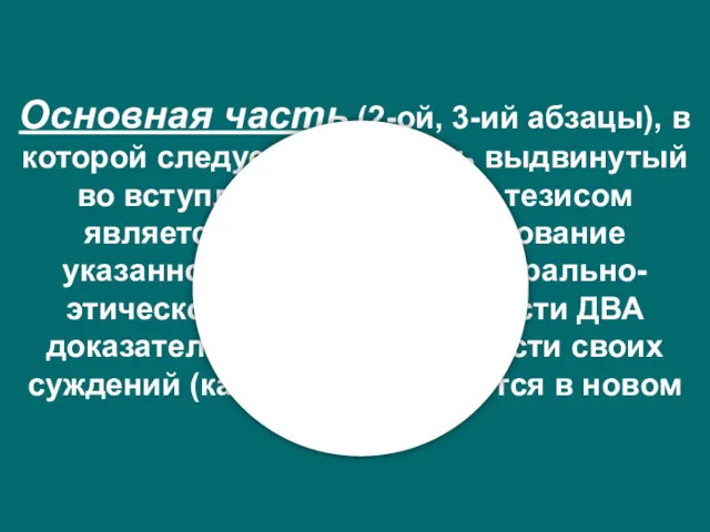 Основная часть (2-ой, 3-ий абзацы), в которой следует обосновать выдвинутый