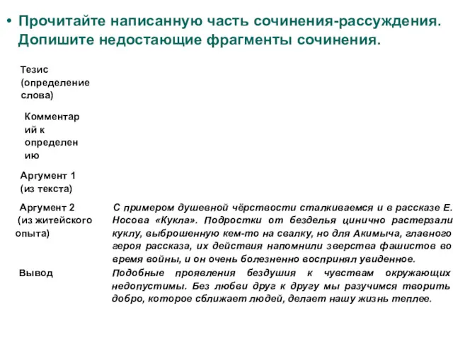 Прочитайте написанную часть сочинения-рассуждения. Допишите недостающие фрагменты сочинения.