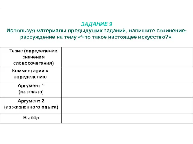 ЗАДАНИЕ 9 Используя материалы предыдущих заданий, напишите сочинение-рассуждение на тему «Что такое настоящее искусство?».