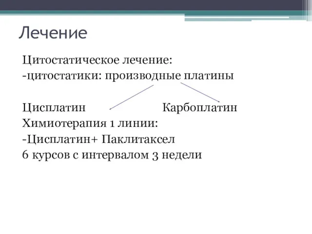 Лечение Цитостатическое лечение: -цитостатики: производные платины Цисплатин Карбоплатин Химиотерапия 1