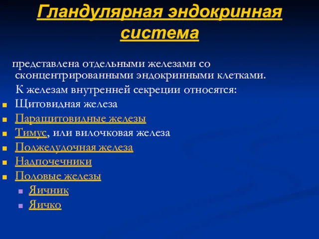 Гландулярная эндокринная система представлена отдельными железами со сконцентрированными эндокринными клетками.