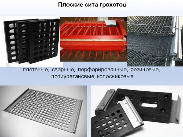 Плоские сита грохотов плетеные; сварные, перфорированные, резиновые, полиуретановые, колосниковые