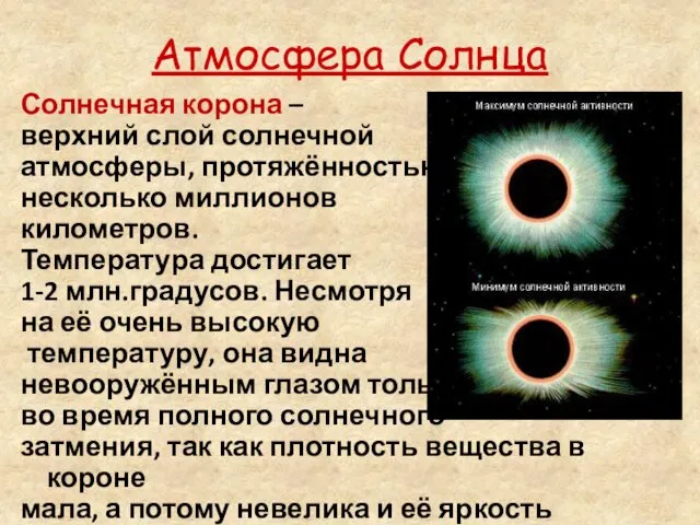 Атмосфера Солнца Солнечная корона – верхний слой солнечной атмосферы, протяжённостью