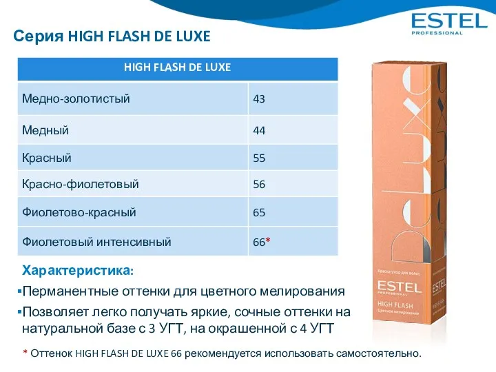 Серия HIGH FLASH DE LUXE Характеристика: Перманентные оттенки для цветного