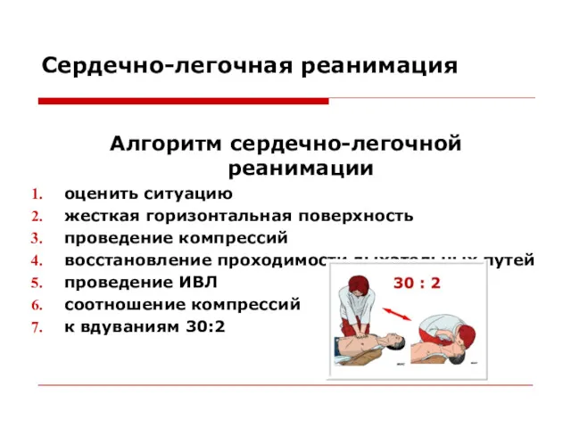 Сердечно-легочная реанимация Алгоритм сердечно-легочной реанимации оценить ситуацию жесткая горизонтальная поверхность проведение компрессий восстановление