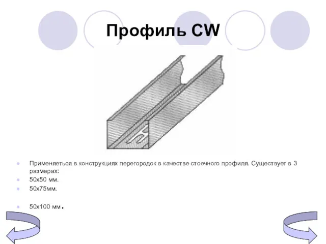 Профиль CW Применяеться в конструкциях перегородок в качестве стоечного профиля. Существует в 3